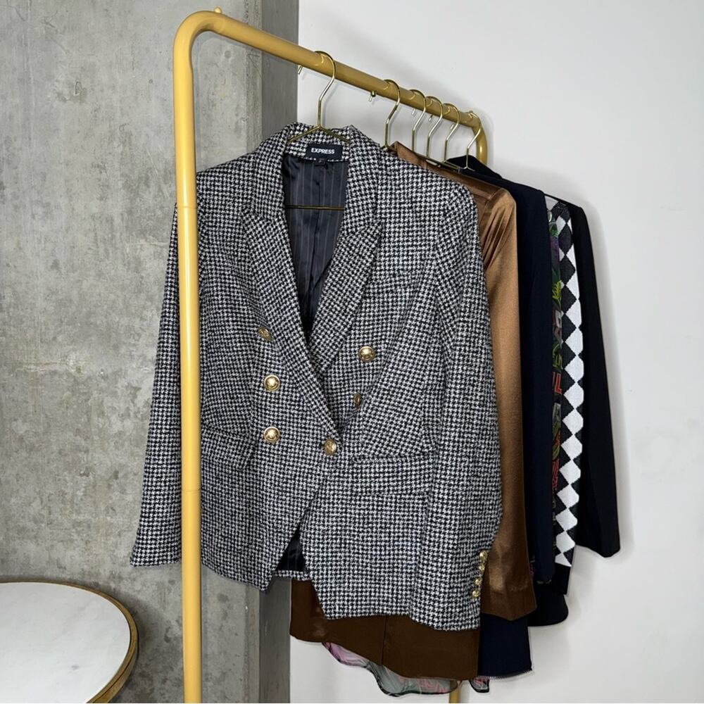 Express Tweed Houndstooth Double Breasted Blazer with Gold Buttons